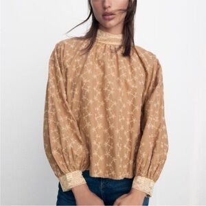 Zara Midnight Macaroon Tan Cotton Embroidered Lace Blouse Women’s XS Feminine